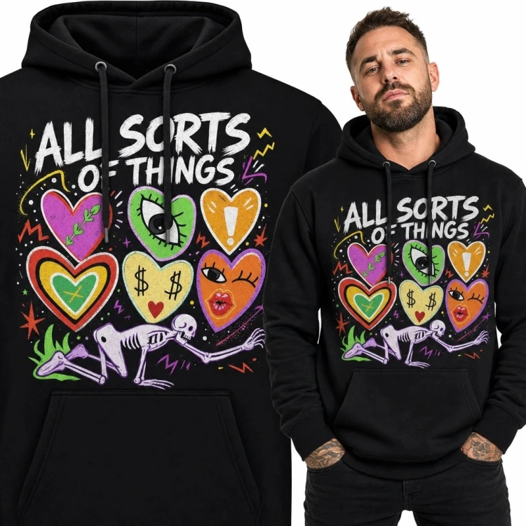 Bluza męska z kapturem ze szkieletem i sercami „All Sorts of Things” - kolorowy streetwear