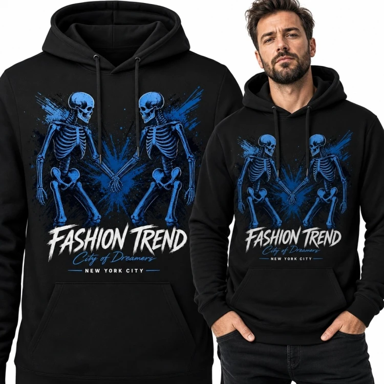 Bluza męska z kapturem ze szkieletami „Fashion Trend” - mroczny streetwear