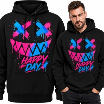 Bluza męska z kapturem z neonową twarzą graffiti i napisem „Happy Day” - streetwear