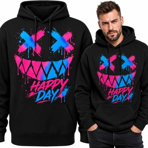 Bluza męska z kapturem z neonową twarzą graffiti i napisem „Happy Day” - streetwear