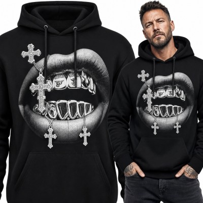 Bluza męska z kapturem - usta z grillzami i wiszącymi krzyżami