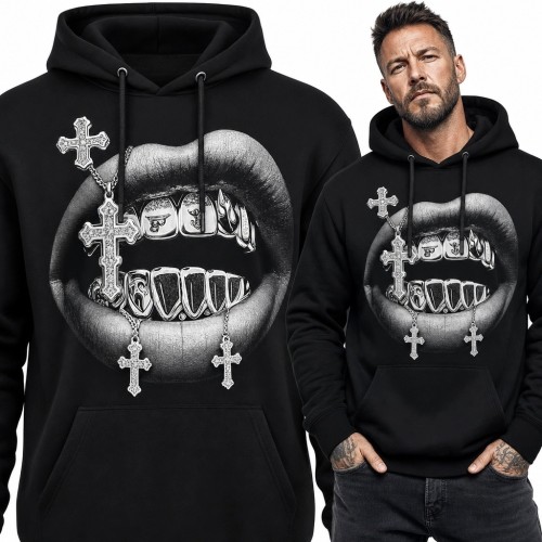 Bluza męska z kapturem - usta z grillzami i wiszącymi krzyżami