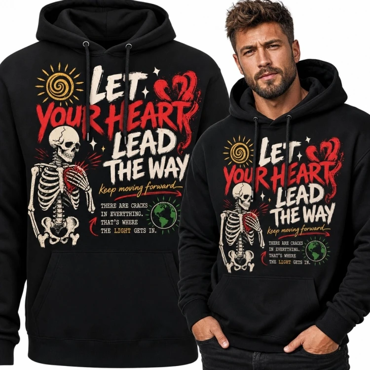 Bluza męska z kapturem ze szkieletem i czerwonym sercem - „Let your heart lead the way”