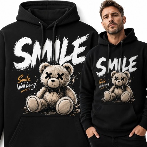 Bluza męska z kapturem „Smile” - streetwearowy miś z oczami X