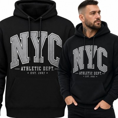 Bluza męska z kapturem „NYC” - czarna z nadrukiem w stylu college