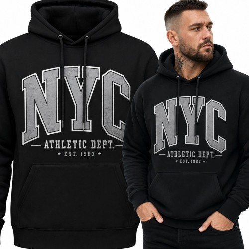 Bluza męska z kapturem „NYC” - czarna z nadrukiem w stylu college