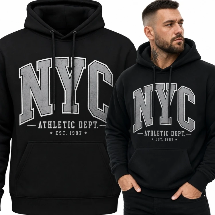 Bluza męska z kapturem „NYC” - czarna z nadrukiem w stylu college