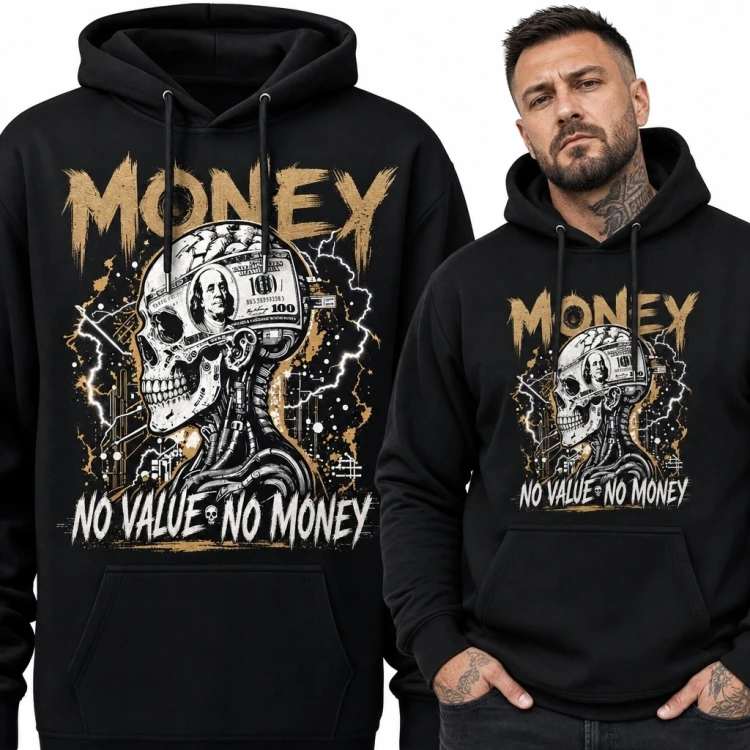Bluza męska z kapturem z czaszką i napisem „Money” - mroczny streetwear