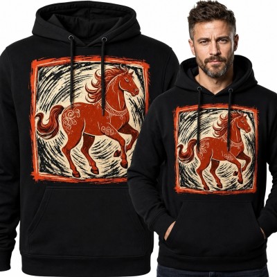 Bluza męska z kapturem - galopujący rudy koń w stylu retro