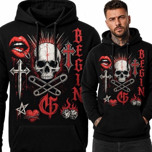 Bluza męska z kapturem z czaszką i napisem „Begin” - punkowo-gotycki kolaż