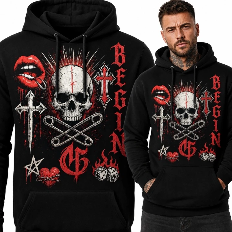 Bluza męska z kapturem z czaszką i napisem „Begin” - punkowo-gotycki kolaż