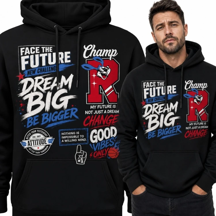 Bluza męska z kapturem „Dream Big / Be Bigger” - sportowy motyw varsity
