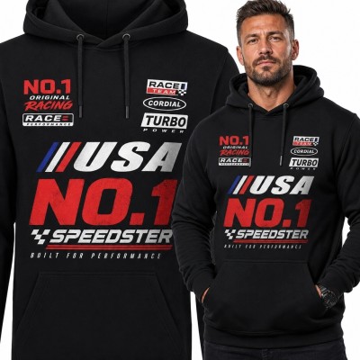 Bluza męska z kapturem z motywem wyścigowym „USA NO.1 Speedster” - amerykański styl retro
