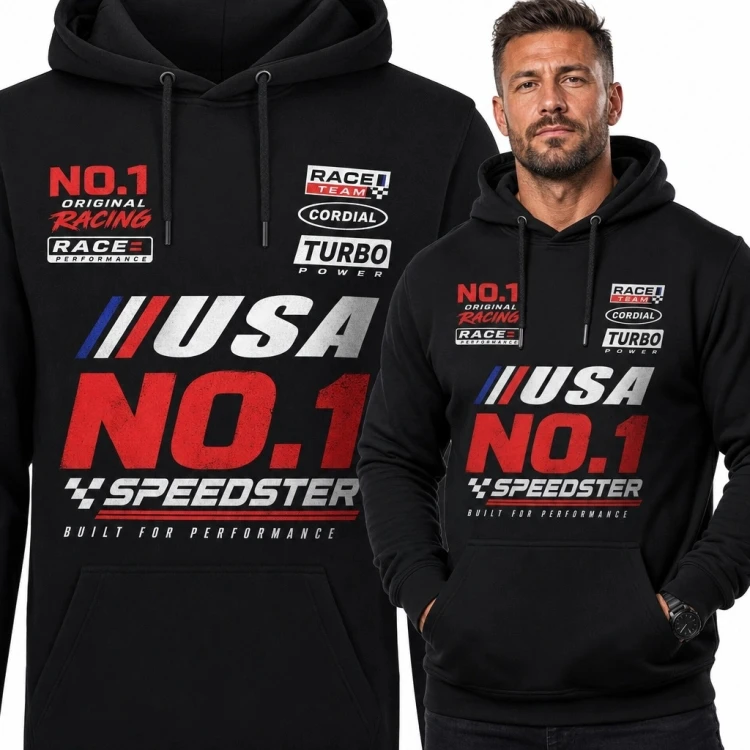 Bluza męska z kapturem z motywem wyścigowym „USA NO.1 Speedster” - amerykański styl retro