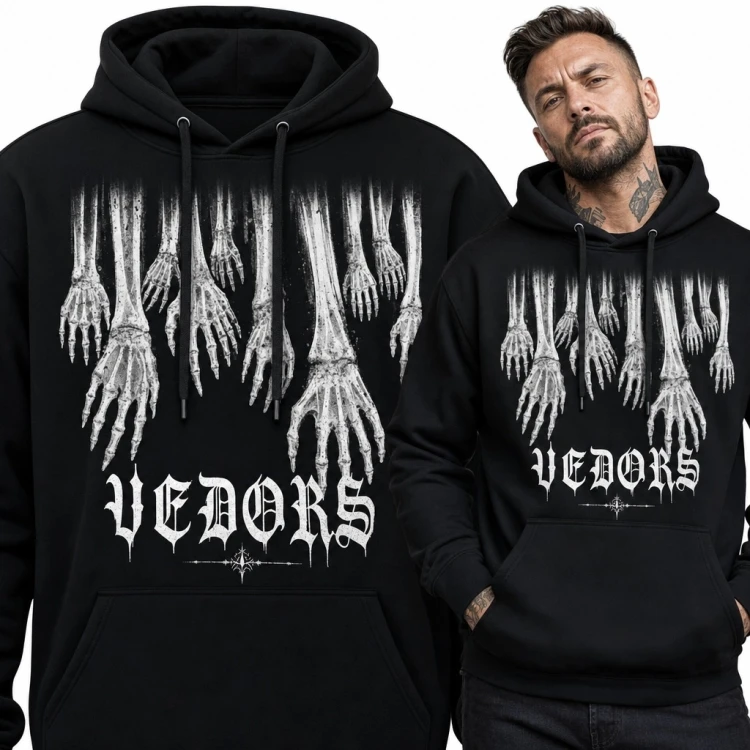 Bluza męska z kapturem ze zwisającymi dłońmi szkieletów i napisem „Vedors” - gotycki wzór