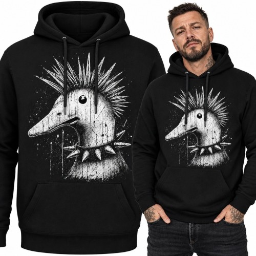 Bluza męska z kapturem z punkową kaczką w irokezie - mroczny wzór