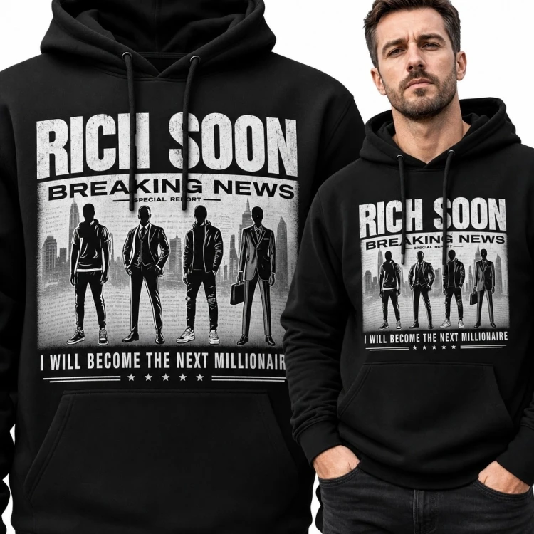 Bluza męska z kapturem z motywem finansowej ambicji „Rich Soon” - miejski nadruk
