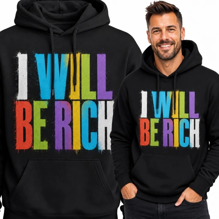 Bluza męska z kapturem z napisem „I Will Be Rich” - motywacyjny streetwear