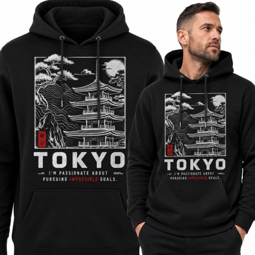 Bluza męska z kapturem z japońskim pejzażem „Tokyo” - pagoda i słońce