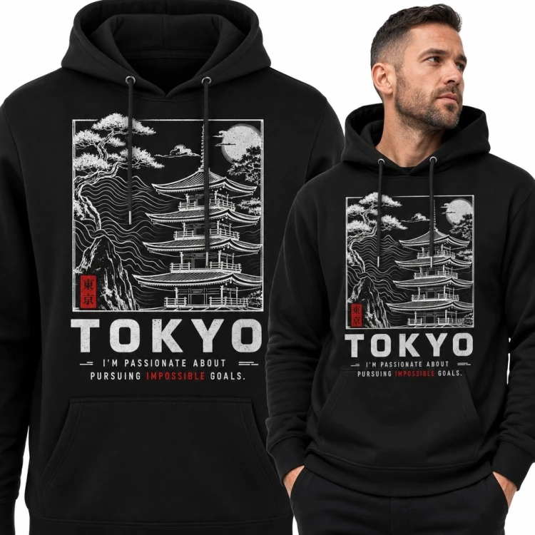 Bluza męska z kapturem z japońskim pejzażem „Tokyo” - pagoda i słońce