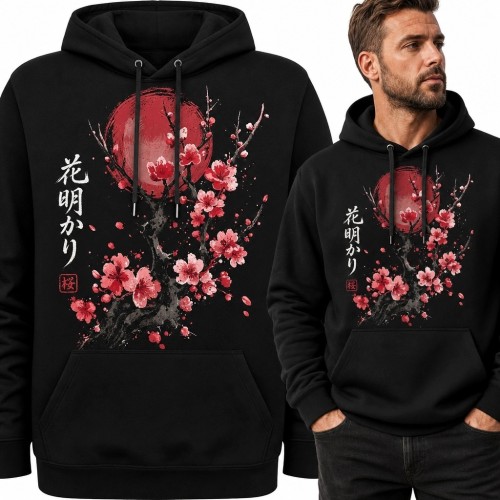 Bluza męska z kapturem - kwitnąca gałąź i czerwone słońce w japońskim stylu