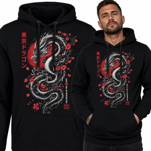 Bluza męska z kapturem z japońskim smokiem i napisem „東京ドラゴン” - kwiaty wiśni