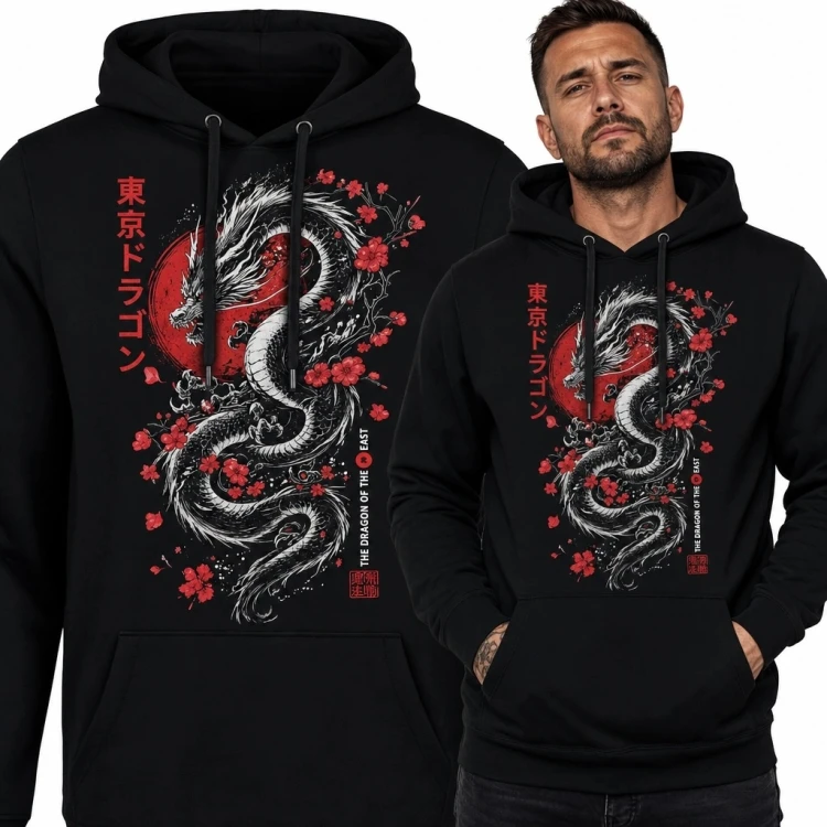 Bluza męska z kapturem z japońskim smokiem i napisem „東京ドラゴン” - kwiaty wiśni