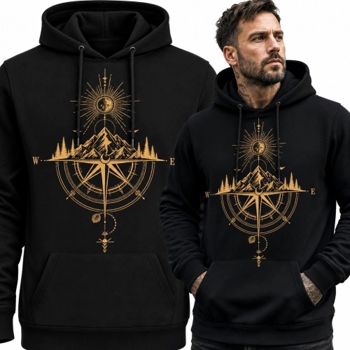 Bluza męska z kapturem - złoty kompas, góry i symbole astralne