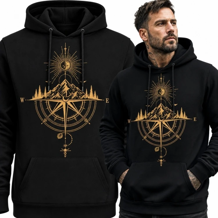 Bluza męska z kapturem - złoty kompas, góry i symbole astralne