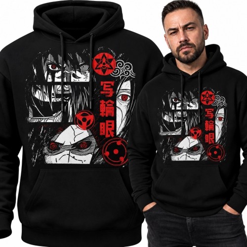 Bluza męska z kapturem z mangowym kolażem oczu „写輪眼” - mroczny wzór anime