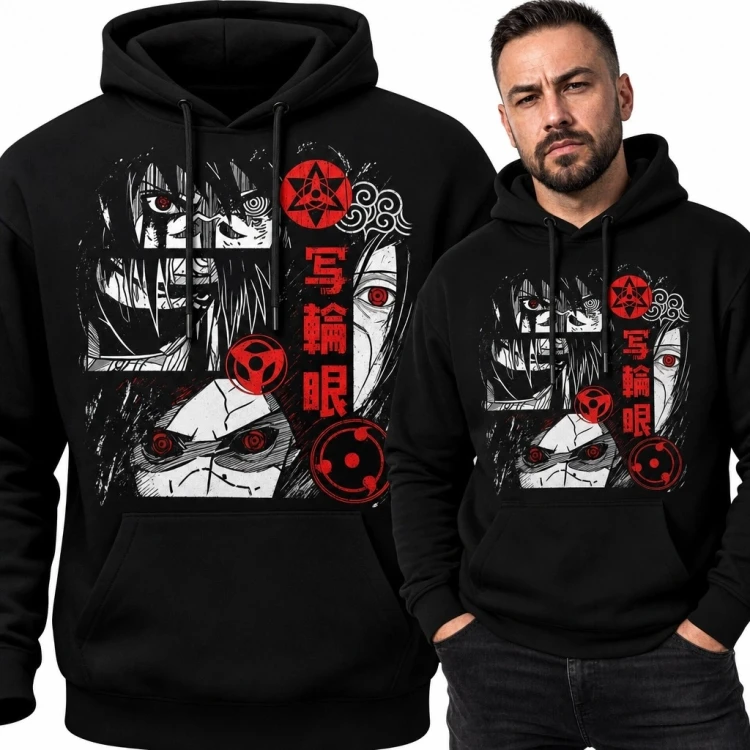 Bluza męska z kapturem z mangowym kolażem oczu „写輪眼” - mroczny wzór anime