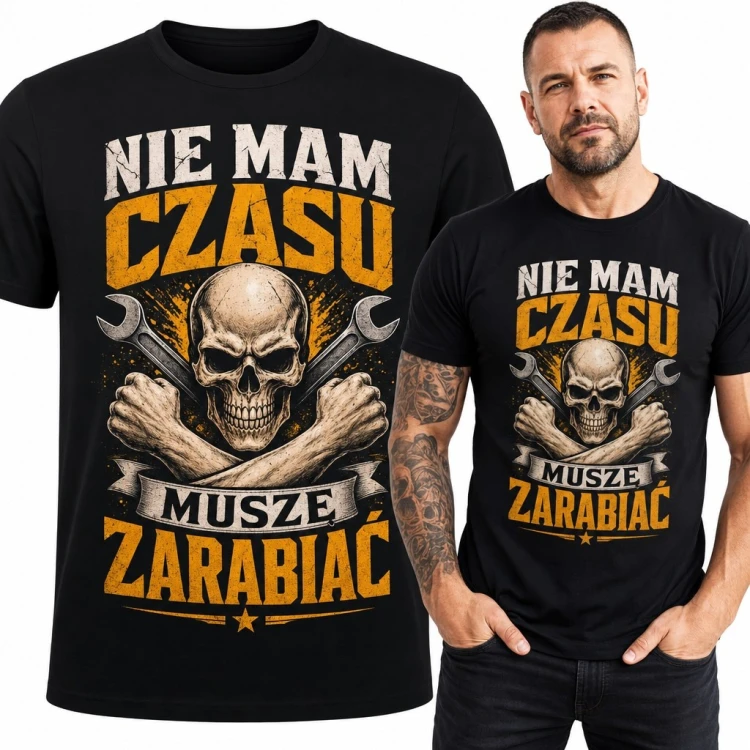 Koszulka męska dla mechanika „Nie mam czasu, muszę zarabiać” - czaszka i klucze