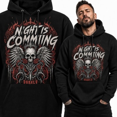 Bluza męska z kapturem ze skrzydlatą czaszką i różami „Night Is Comming” - mroczny wzór