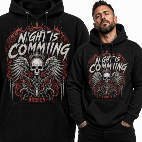Bluza męska z kapturem ze skrzydlatą czaszką i różami „Night Is Comming” - mroczny wzór
