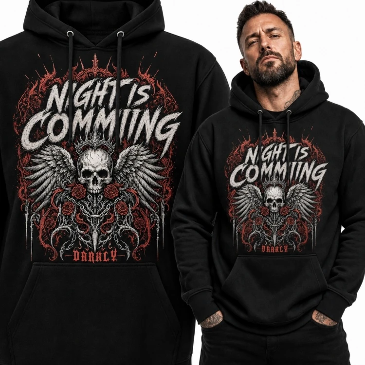 Bluza męska z kapturem ze skrzydlatą czaszką i różami „Night Is Comming” - mroczny wzór