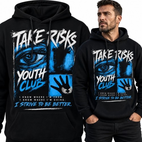 Bluza męska z kapturem z okiem i napisem „Take Risks” - streetwearowy kolaż