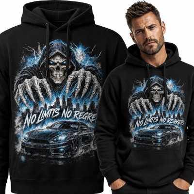 Bluza męska z kapturem ze sportowym samochodem i postacią śmierci „No Limits No Regrets” - mroczny streetwear