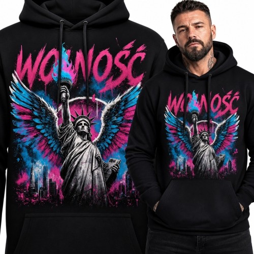 Bluza męska z kapturem „Wolność” - skrzydlata Statua Wolności w neonowym mieście