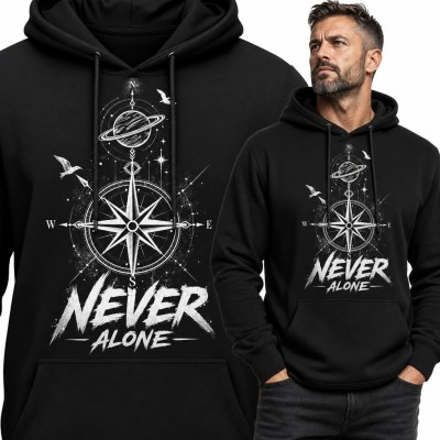 Bluza męska z kapturem z kosmicznym kompasem i napisem „Never Alone” - czarna