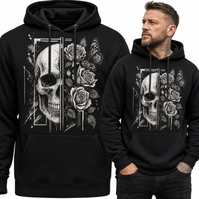 Bluza męska z kapturem - czaszka, róże i motyl