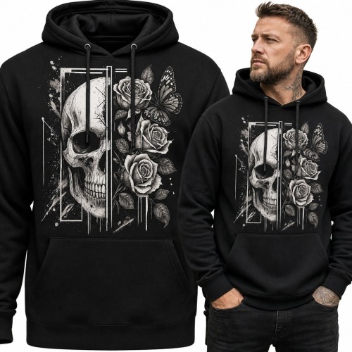 Bluza męska z kapturem - czaszka, róże i motyl