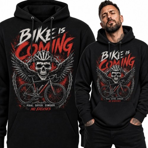 Bluza męska z kapturem dla kolarza „Bike is coming” - skrzydlata czaszka i rower szosowy