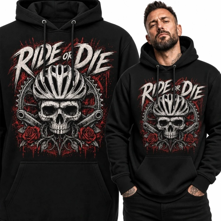 Bluza męska z kapturem dla rowerzysty z czaszką „Ride or Die”