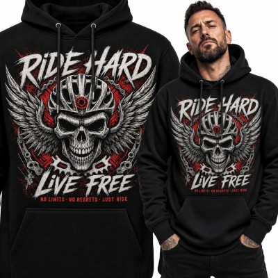 Bluza męska z kapturem ze skrzydlatą czaszką motocyklisty i napisem „Ride Hard / Live Free”