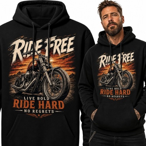 Bluza męska z kapturem z chopperem „Ride Free / Ride Hard” - motocyklowy wzór vintage