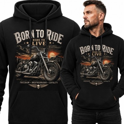 Bluza męska z kapturem „Born to Ride” - chopper na tle zachodzącego słońca