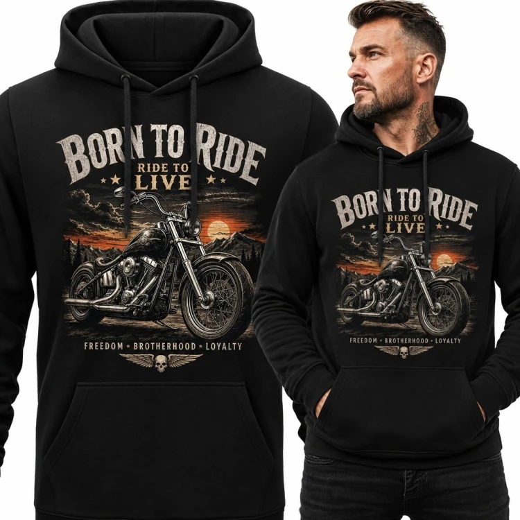 Bluza męska z kapturem „Born to Ride” - chopper na tle zachodzącego słońca