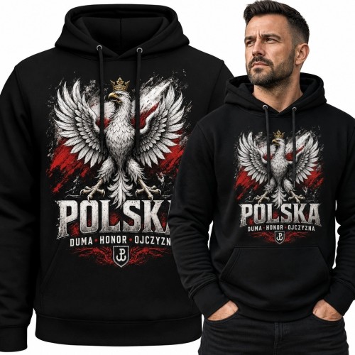 Bluza męska z kapturem z koronowanym białym orłem i napisem „Polska” - „Duma • Honor • Ojczyzna”