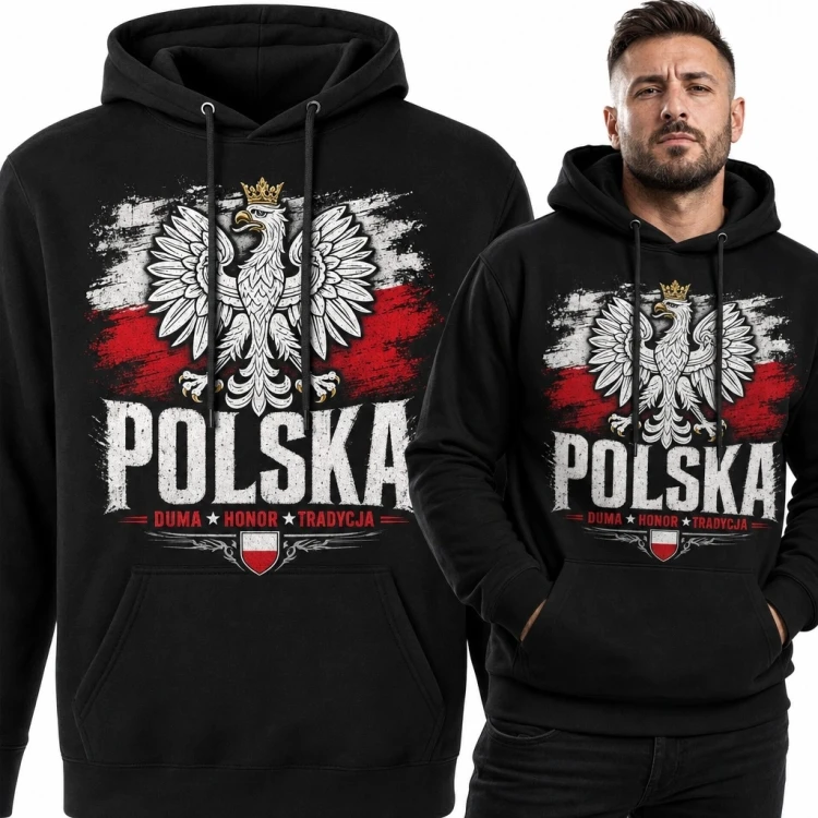 Bluza męska z kapturem z Orłem Białym „Polska” - „Duma • Honor • Tradycja”