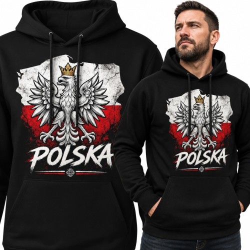 Bluza męska z kapturem „Polska” z koronowanym orłem i biało-czerwoną flagą